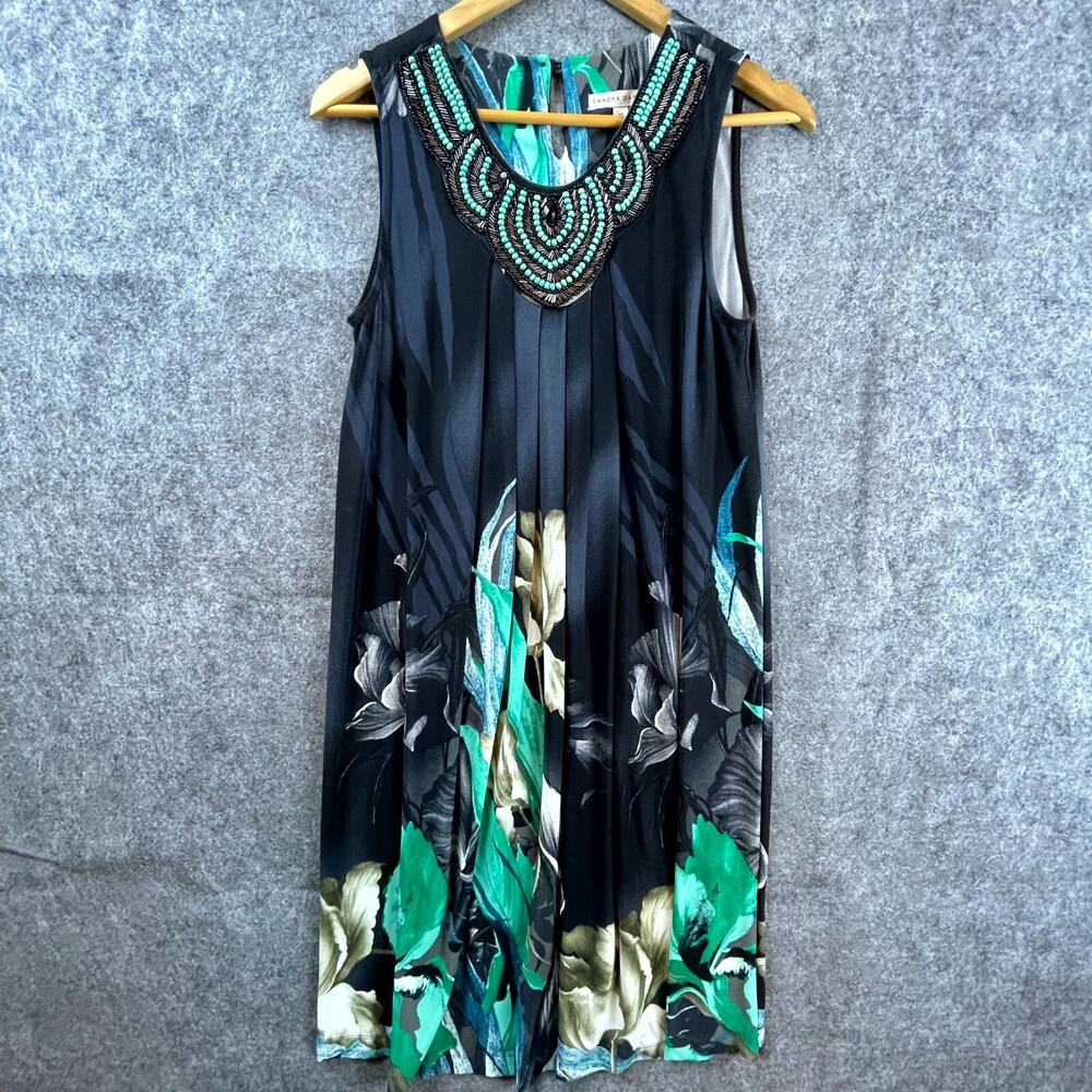 Sandra Darren Dress Womens 10 Black Green Beaded Luxe Mature Maximalist Stretch‎